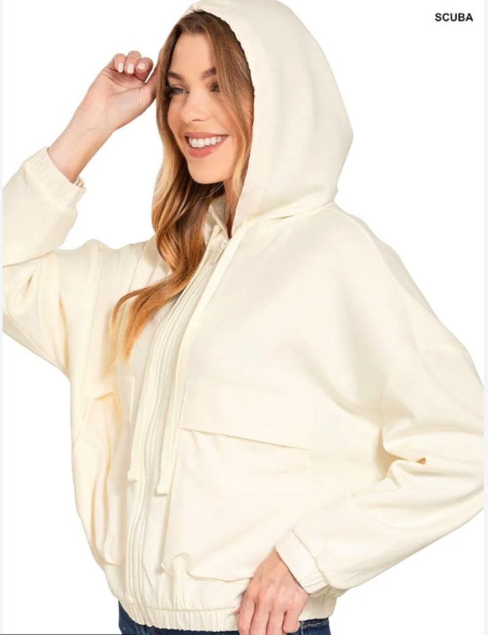 ZENANA Full Zip Hooded Sweatshirt Jacket Scuba Women's Small Cream Pockets